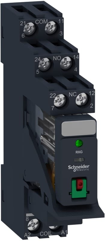 Schneider Electric Harmony, Interface plug-in relay pre-assembled, 5 A, 2 CO, with LED, with lockable test button, with protection circuit, 230 V AC RXG22P7PV