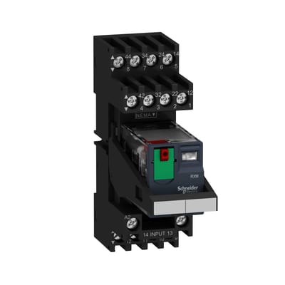 Schneider Electric Harmony, Miniature plug-in relay pre-assembled, 10 A, 2 CO, with LED, with lockable test button, mixed terminals socket, 24 V AC RXM2AB2B7PVM