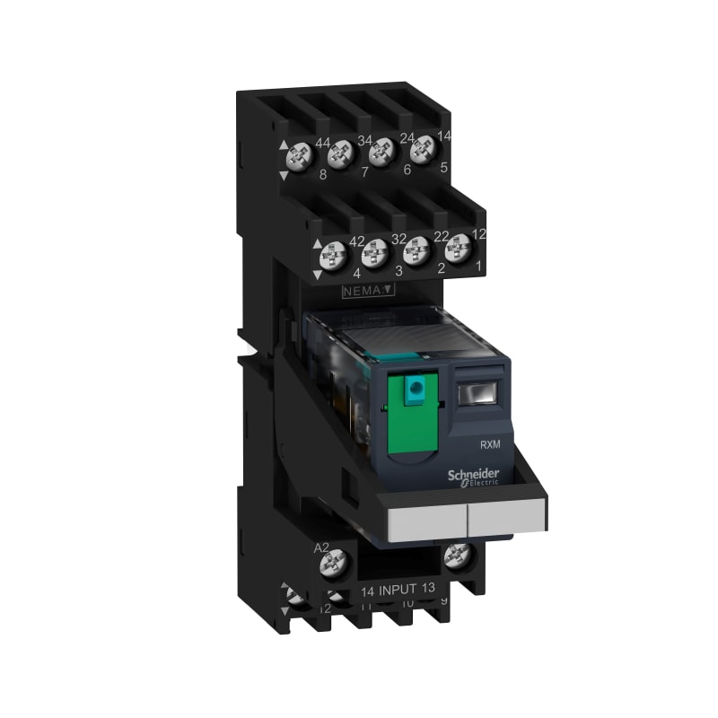 Schneider Electric Harmony, Miniature plug-in relay pre-assembled, 6 A, 4 CO, with lockable test button, mixed terminals socket, 24 V DC RXM4AB1BDPVM