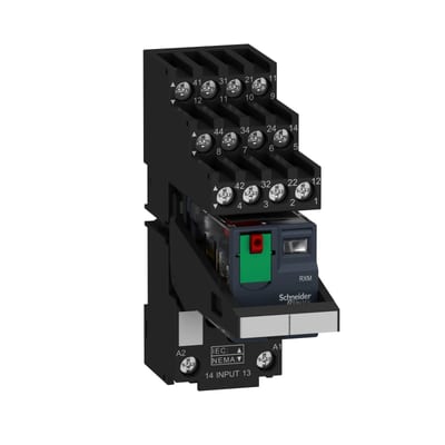 Schneider Electric Harmony, Miniature plug-in relay pre-assembled, 6 A, 4 CO, with lockable test button, separate terminals socket, 230 V AC RXM4AB1P7PVS