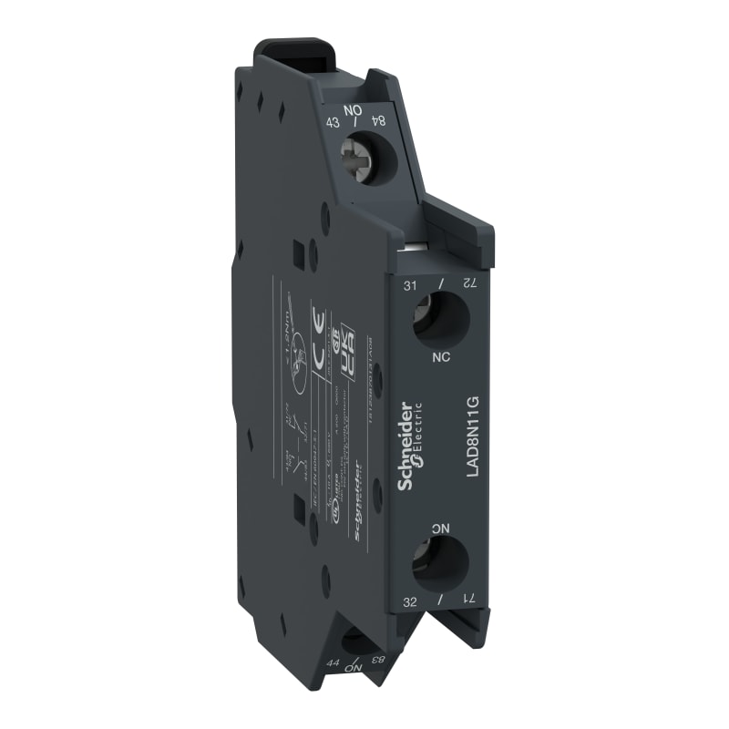 Schneider Electric Auxiliary contact block, TeSys D, 1NO + 1NC, side mounting, screw clamp terminals, EN 50012 LAD8N11G