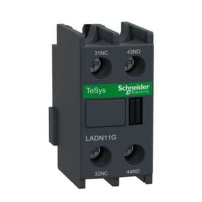 Schneider Electric Auxiliary contact block, TeSys D, 1NO + 1NC, front mounting, screw clamp terminals, EN 50012 LADN11G