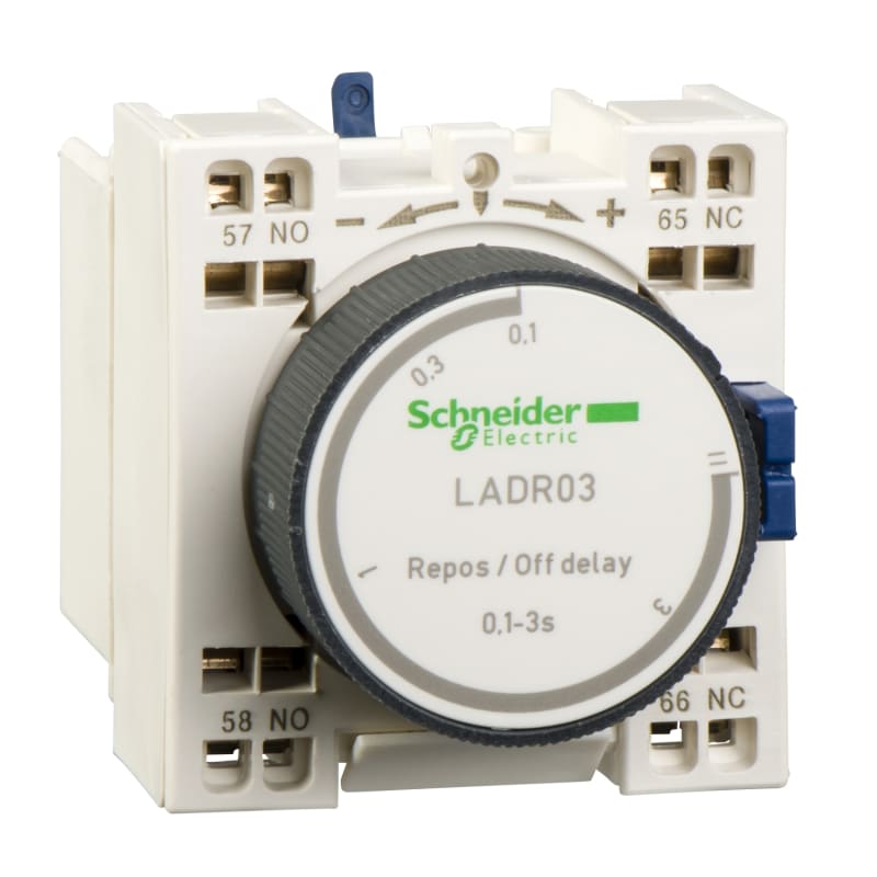 Schneider Electric Time delay auxiliary contact block, TeSys D, 1NO + 1NC, off delay 10-180S, front, spring terminals LADR43