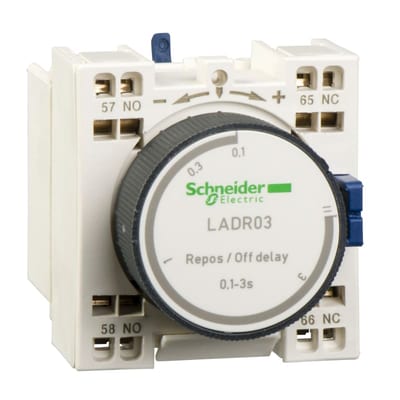Schneider Electric Time delay auxiliary contact block, TeSys D, 1NO + 1NC, off delay 10-180S, front, spring terminals LADR43