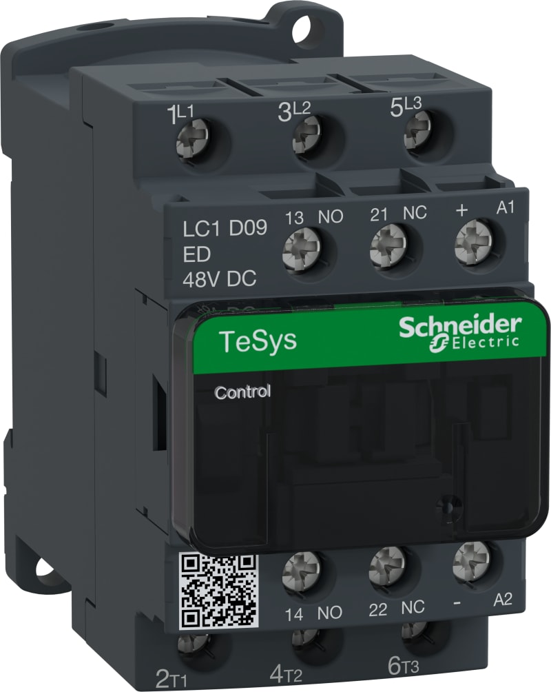 Schneider Electric Contactor, TeSys Deca, 3P(3NO), AC-3/3E, <=440V, 9A, 48V DC coil, screw clamp terminals LC1D09ED