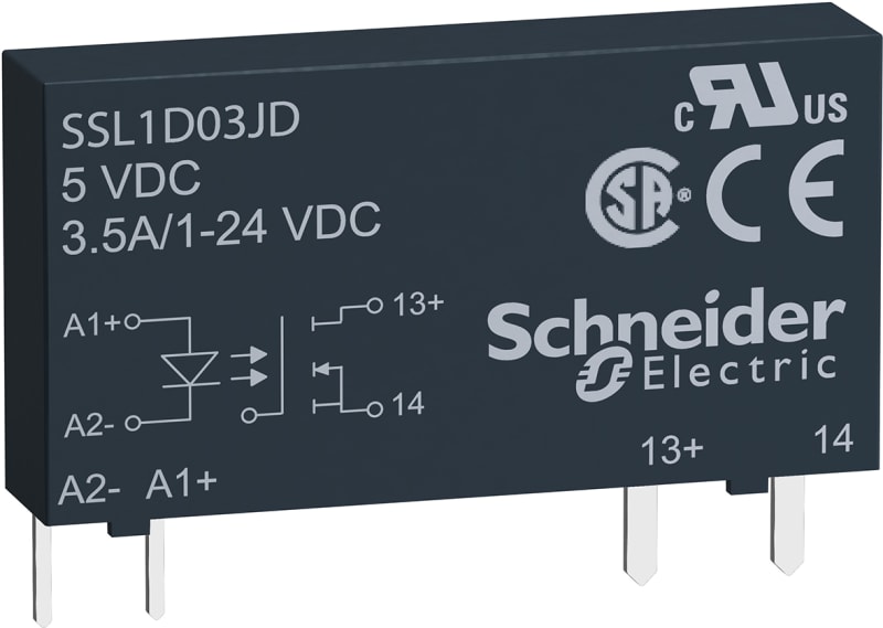Schneider Electric Solid state relay, 3.5 A, DC switching, input 15...30 V DC, output 1...24 V DC SSL1D03BD