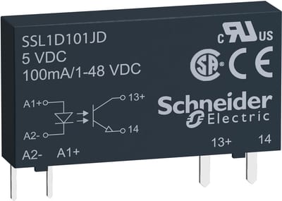 Schneider Electric Solid state relay, 0.1 A, DC switching, input 16…30 V DC, output 1…48 V DC SSL1D101BD