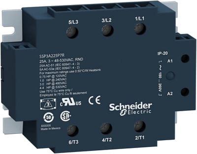 Schneider Electric Solid state panel mount relay, 25 A, zero voltage switching, thermal pad, input 180…280 V AC, output 48…530 V AC SSP3A225P7T