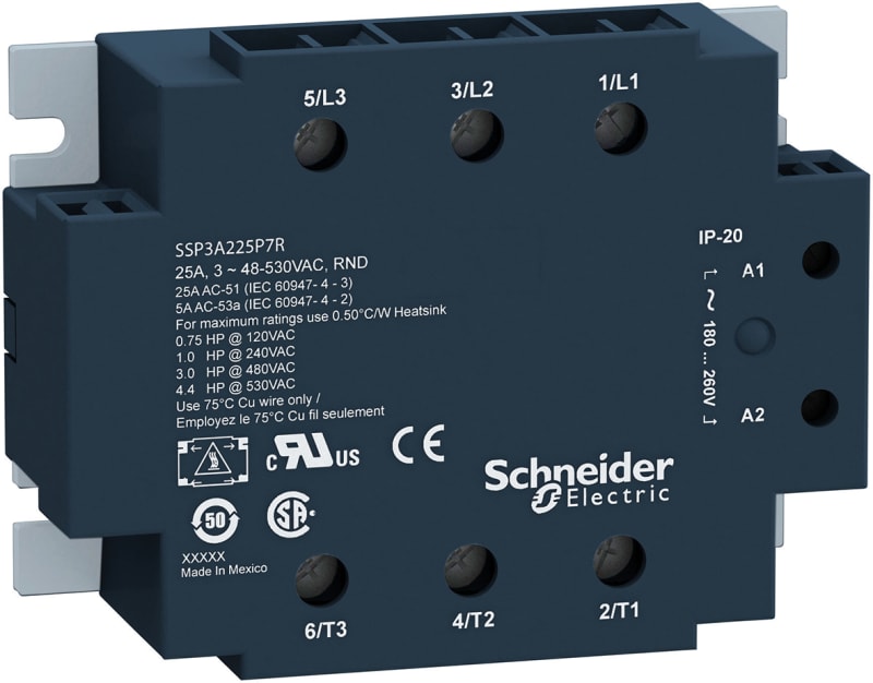 Schneider Electric Solid state panel mount relay, 50 A, random switching, thermal pad, input 4…32 V DC, output 48…530 V AC SSP3A250BDRT