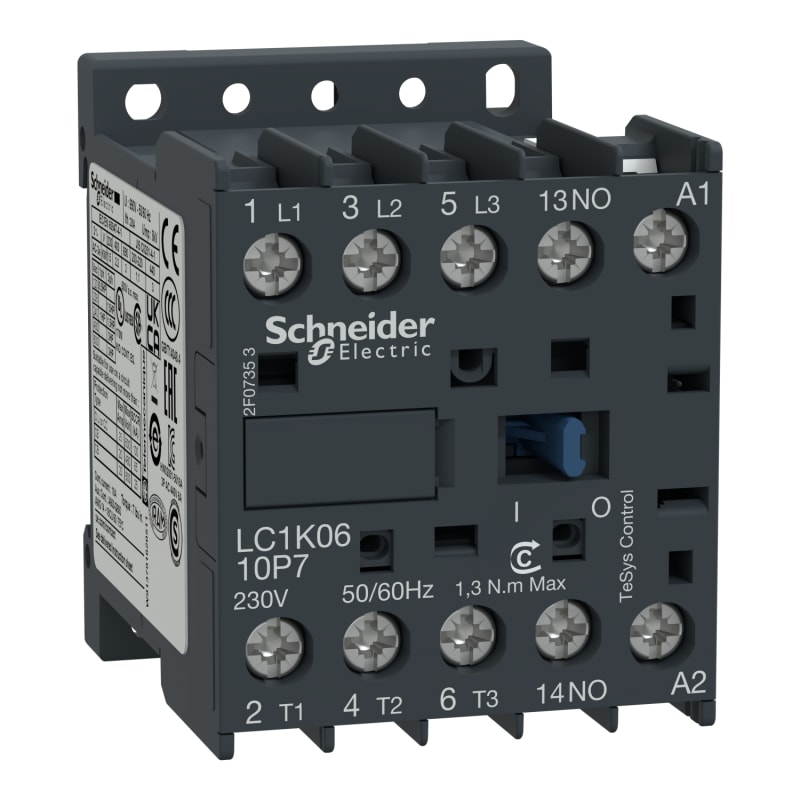 Schneider Electric Contactor, TeSys K, 3P, AC-3/AC-3E,<=440V 16A, aux. 1NO, 24V AC coil LC1K1610B7