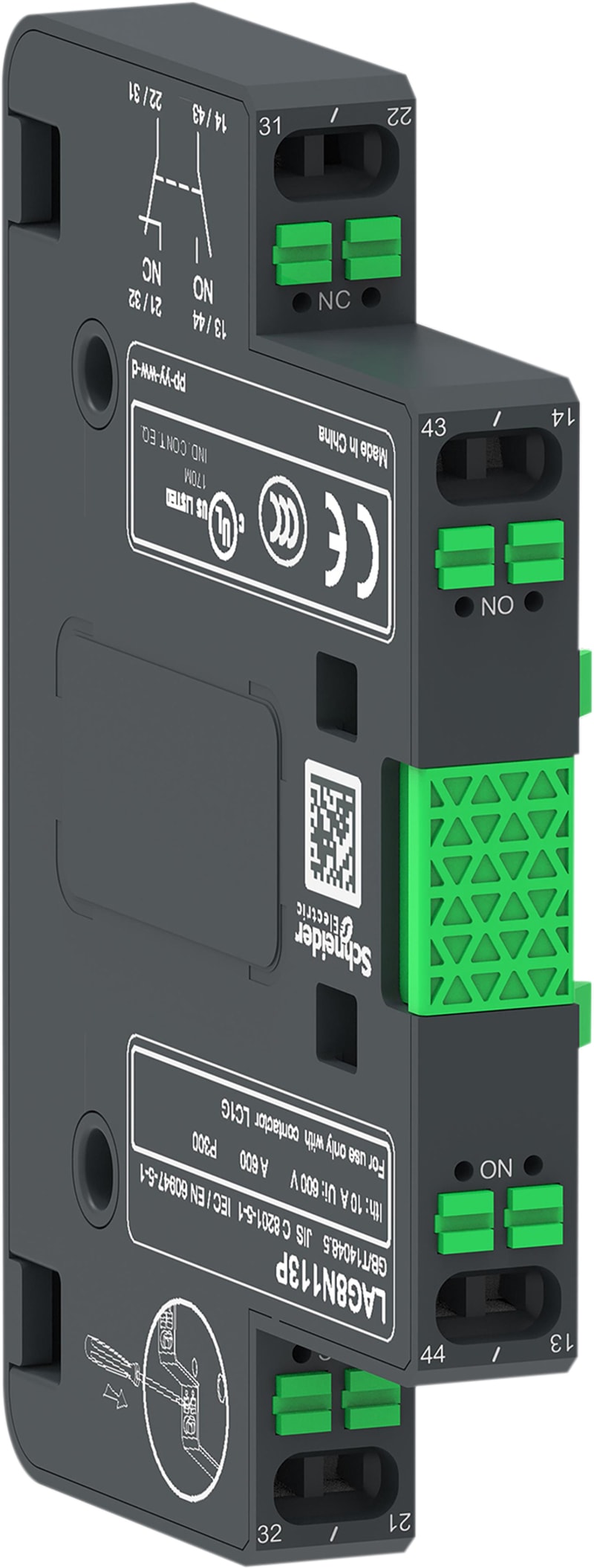 Schneider Electric Auxiliary contact block, TeSys Giga, 1NO + 1NC, lateral face side mounting, push-in terminals L1/R1 LAG8N113P