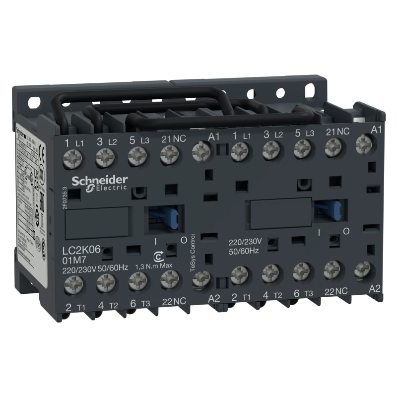 Schneider Electric reversing Contactor, TeSys K, 3P, AC-3/AC-3E,440V 6A, 1NC, 24V AC coil, screw clamp terminals LC2K0601B7