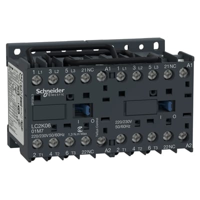 Schneider Electric reversing Contactor, TeSys K, 3P, AC-3/AC-3E,440V 6A, 1NC, 24V AC coil, screw clamp terminals LC2K0601B7