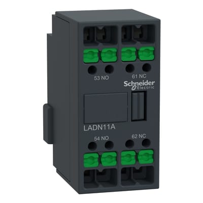 Schneider Electric Auxiliary contact block, TeSys Deca, 1NO+1NC, front mounting, snap-in terminals LADN11A