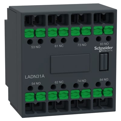 Schneider Electric Auxiliary contact block, TeSys Deca, 3NO + 1NC, front mounting, snap-in terminals LADN31A