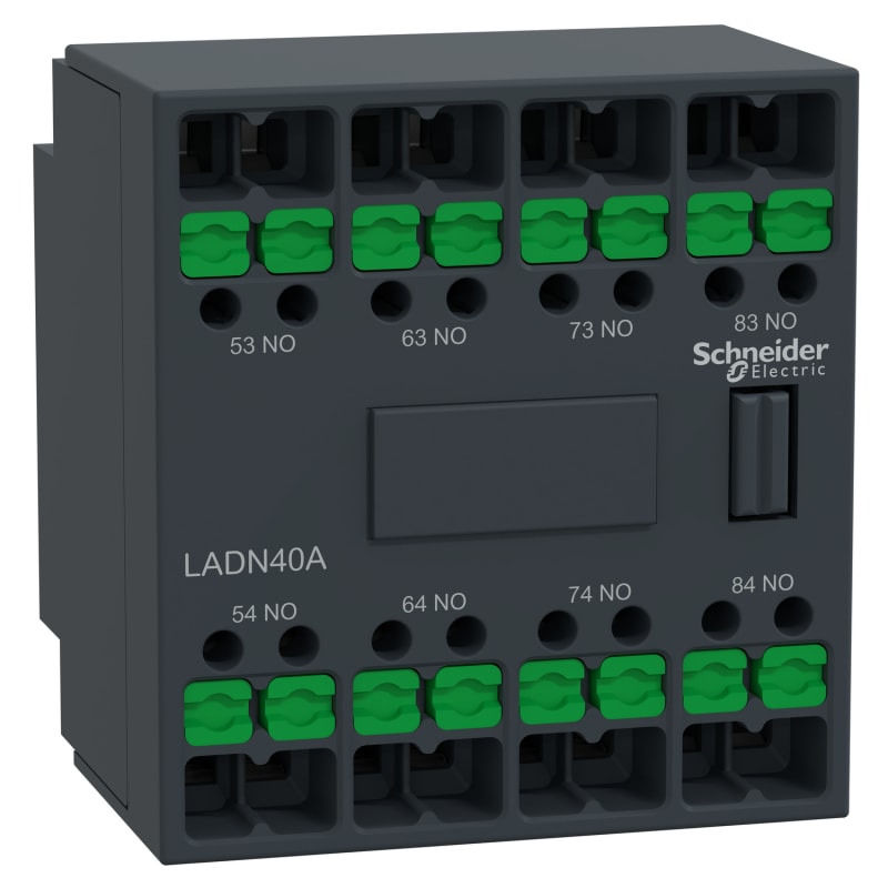 Schneider Electric Auxiliary contact block, TeSys Deca, 4NO, front mounting, snap-in terminals LADN40A