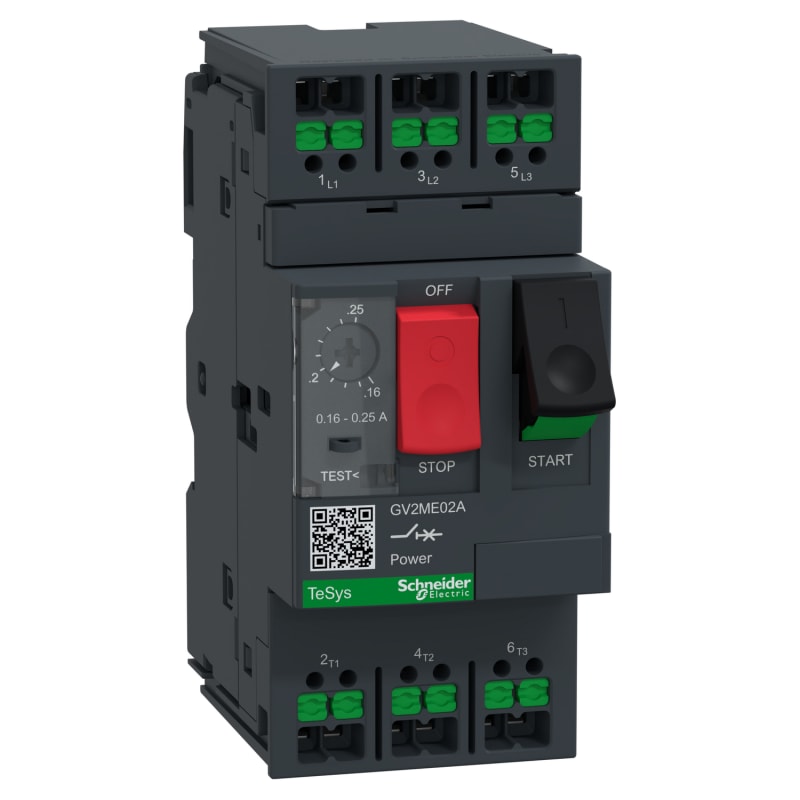 Schneider Electric Motor circuit breaker, TeSys Deca, 3P, AC-3/AC-3E, 0.16 to 0.25A, thermal magnetic, snap-in terminals, push button GV2ME02A