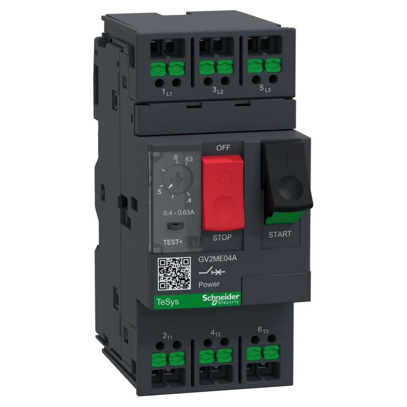 Schneider Electric Motor circuit breaker, TeSys Deca, 3P, AC-3/AC-3E, 0.4 to 0.63A, thermal magnetic, snap-in terminals, push button GV2ME04A
