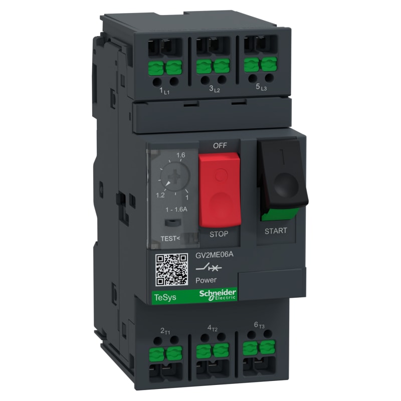 Schneider Electric Motor circuit breaker, TeSys Deca, 3P, AC-3/AC-3E, 1 to 1.6A, thermal magnetic, snap-in terminals, push button GV2ME06A