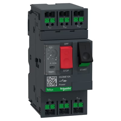 Schneider Electric Motor circuit breaker, TeSys Deca, 3P, AC-3/AC-3E, 4 to 6.3A, thermal magnetic, snap-in terminals, push button GV2ME10A