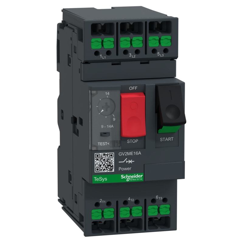 Schneider Electric Motor circuit breaker, TeSys Deca, 3P, AC-3/AC-3E, 9 to 14A, thermal magnetic, snap-in terminals, push button GV2ME16A