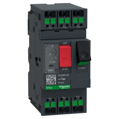 Schneider Electric Motor circuit breaker, TeSys Deca, 3P, AC-3/AC-3E, 9 to 14A, thermal magnetic, snap-in terminals, push button GV2ME16A