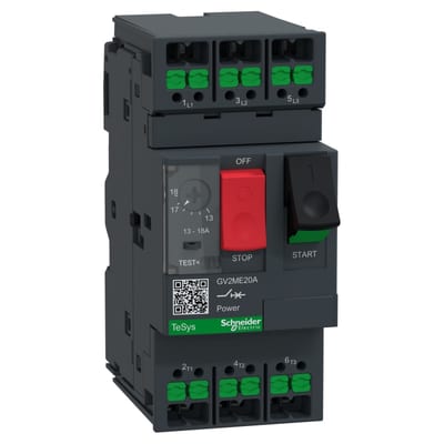Schneider Electric Motor circuit breaker, TeSys Deca, 3P, AC-3/AC-3E, 13 to 18A, thermal magnetic, snap-in terminals, push button GV2ME20A