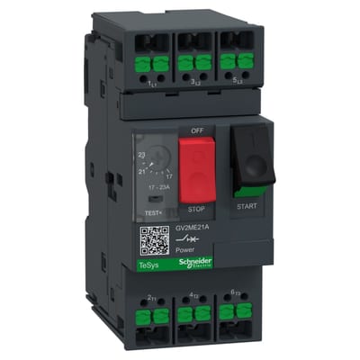 Schneider Electric Motor circuit breaker, TeSys Deca, 3P, AC-3/AC-3E, 17 to 23A, thermal magnetic, snap-in terminals, push button GV2ME21A