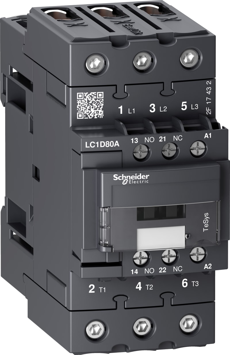 Schneider Electric Contactor, TeSys Deca, 3P(3 NO), AC-3/AC-3E, <=440V, 66A, 380V AC 50/60Hz coil, EverLink+springs LC1D80AQ7