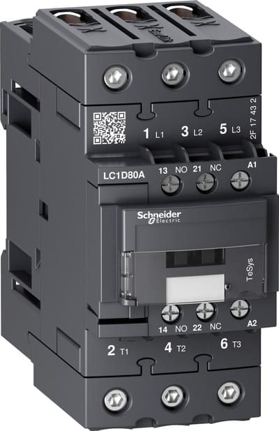 Schneider Electric Contactor, TeSys Deca, 3P(3 NO), AC-3/AC-3E, <=440V, 66A, 380V AC 50/60Hz coil, EverLink+springs LC1D80AQ7