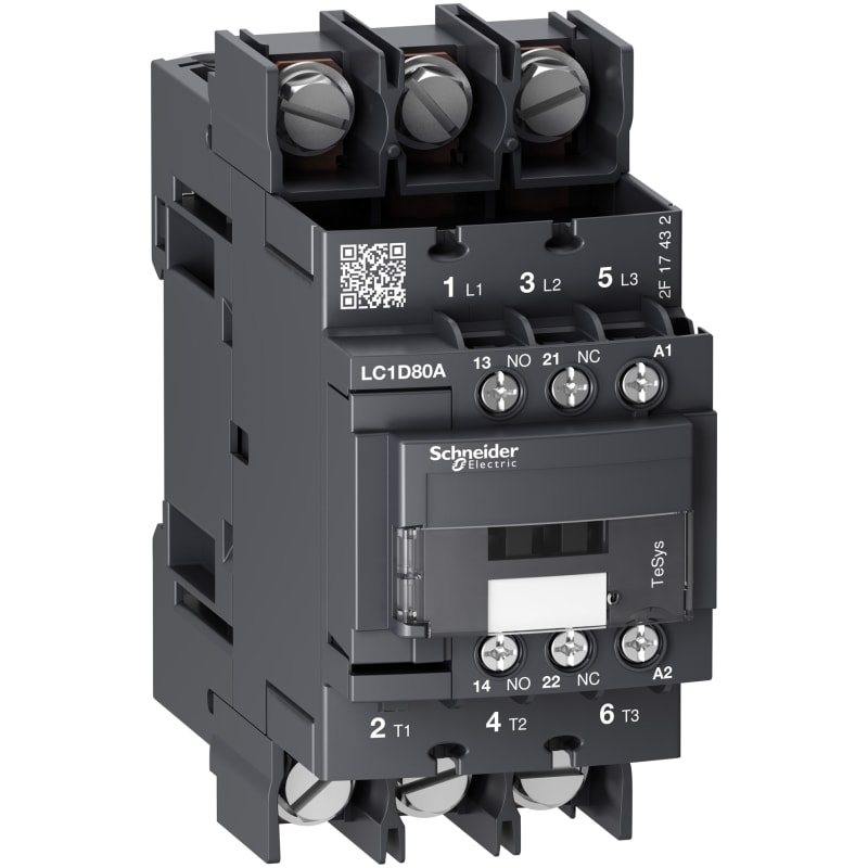 Schneider Electric Contactor, TeSys Deca, 3P(3 NO), AC-3/AC-3E, <=440V, 66A, 230V AC 50/60Hz coil, lugs-ring terminals LC1D80A6P7