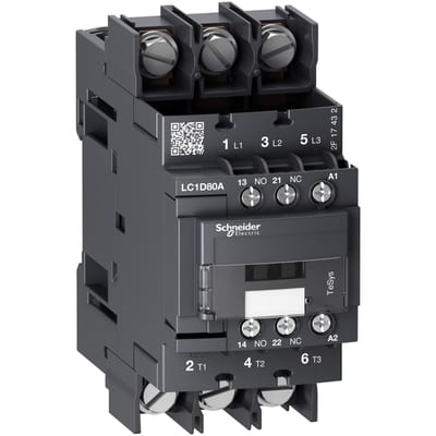 Schneider Electric Contactor, TeSys Deca, 3P(3 NO), AC-3/AC-3E, <=440V, 66A, 230V AC 50/60Hz coil, lugs-ring terminals LC1D80A6P7