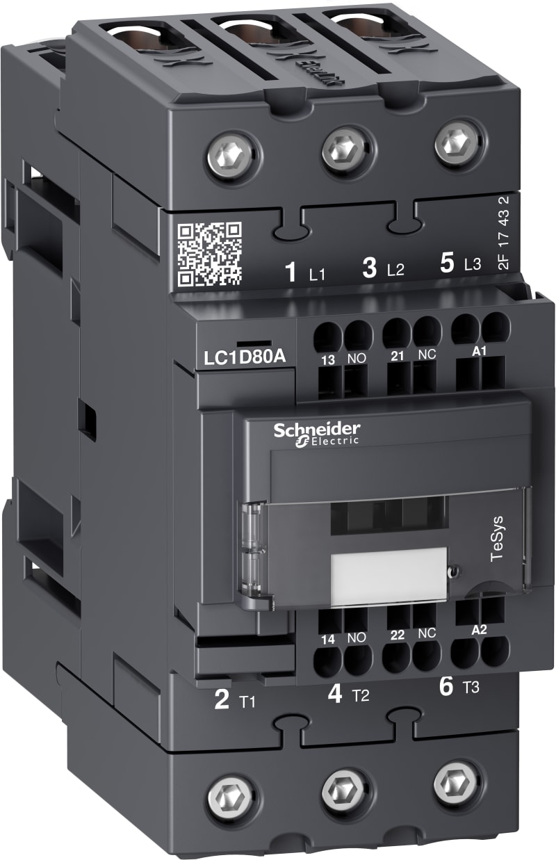 Schneider Electric Contactor, TeSys Deca, 3P(3 NO), AC-3/AC-3E, <=440V, 66A, 24V AC 50/60Hz coil, EverLink+springs LC1D80A3B7