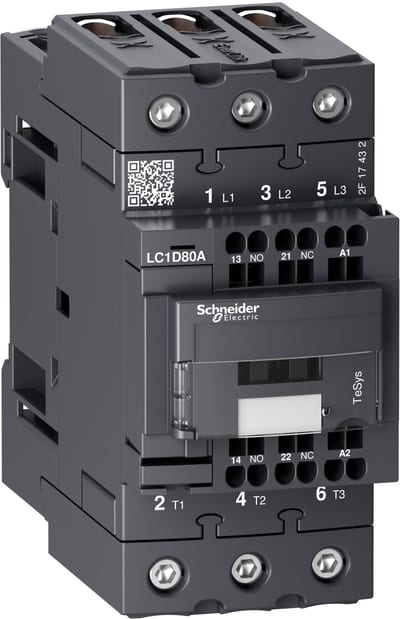 Schneider Electric Contactor, TeSys Deca, 3P(3 NO), AC-3/AC-3E, <=440V, 66A, 24V AC 50/60Hz coil, EverLink+springs LC1D80A3B7