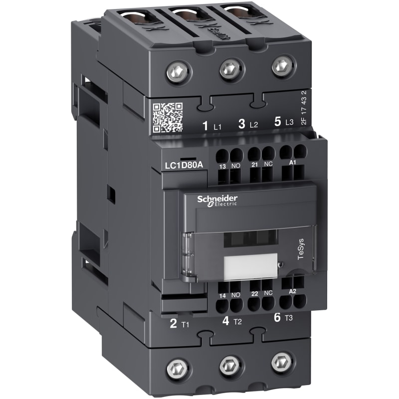 Schneider Electric Contactor, TeSys Deca, 3P(3 NO), AC-3/AC-3E, <=440V, 66A, 48V AC 50/60Hz coil, EverLink+springs LC1D80A3E7