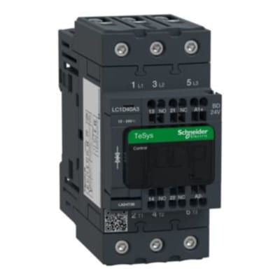 Schneider Electric Contactor, TeSys Deca, 3P(3 NO), AC-3/AC-3E, <=400V, 40A, 24V DC standard coil, spring terminals LC1D40A3BD
