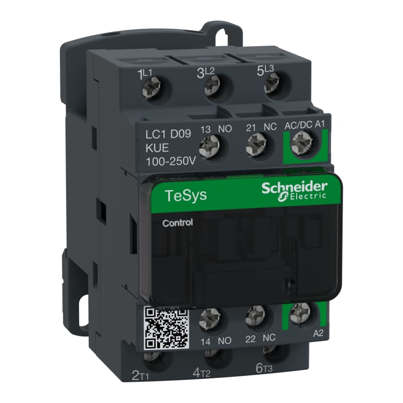 Schneider Electric Contactor, TeSys Deca Advanced, 3P(3NO), AC-3/3E, <=440V, 9A, 100...250V AC/DC coil, screw clamp terminals LC1D09KUE