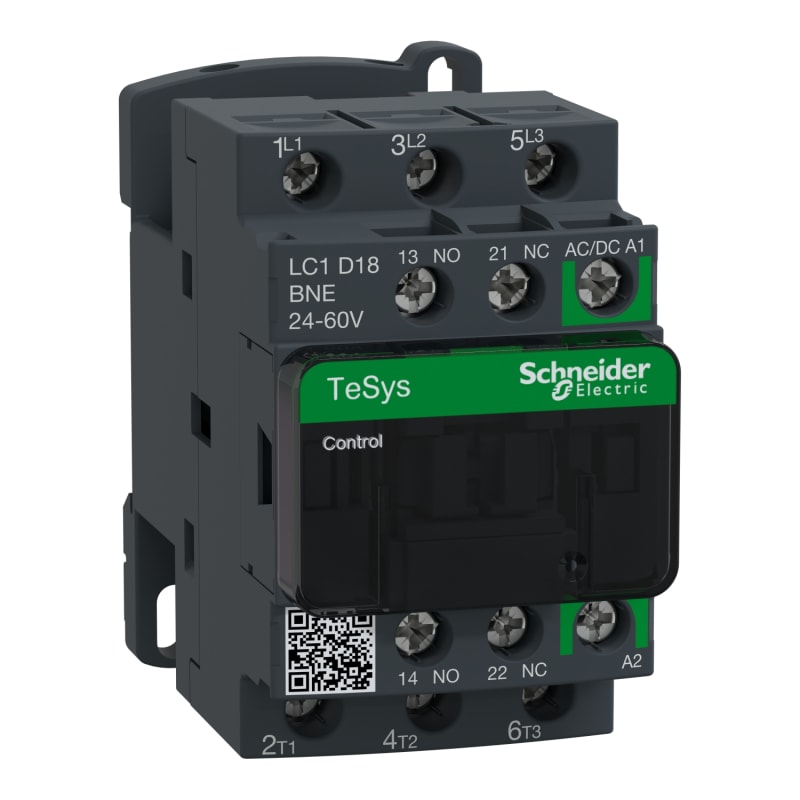 Schneider Electric Contactor, TeSys Deca Advanced, 3P(3NO), AC-3/3E, <=440V, 18A, 24...60V AC/DC coil, screw clamp terminals LC1D18BNE