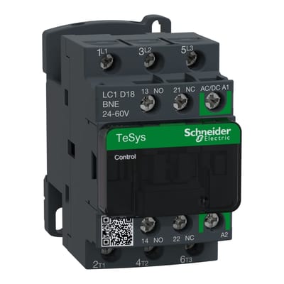 Schneider Electric Contactor, TeSys Deca Advanced, 3P(3NO), AC-3/3E, <=440V, 18A, 24...60V AC/DC coil, screw clamp terminals LC1D18BNE