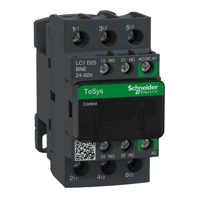 Schneider Electric Contactor, TeSys Deca Advanced, 3P(3NO), AC-3/3E, ≤440V, 25A, 24...60V AC/DC coil, screw clamp terminals LC1D25BNE