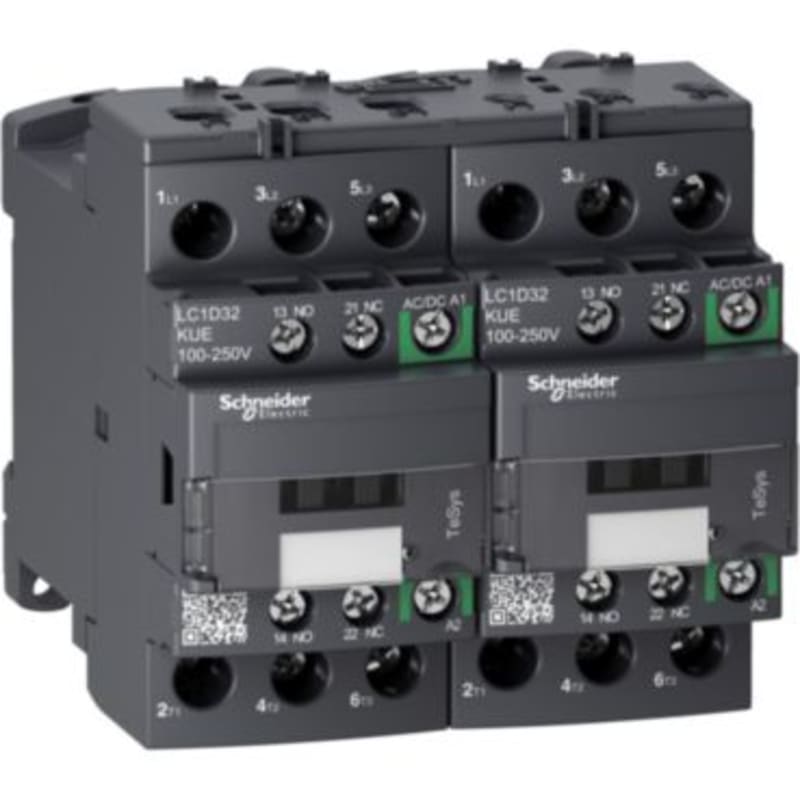 Schneider Electric Reversing contactor, TeSys Deca Advanced, 3P(3NO), AC-3/3E, <=440V, 32A, 100...250V AC/DC coil, screw clamp terminals LC2D32KUE
