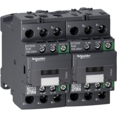 Schneider Electric Reversing contactor, TeSys Deca Advanced, 3P(3NO), AC-3/3E, <=440V, 32A, 100...250V AC/DC coil, screw clamp terminals LC2D32KUE
