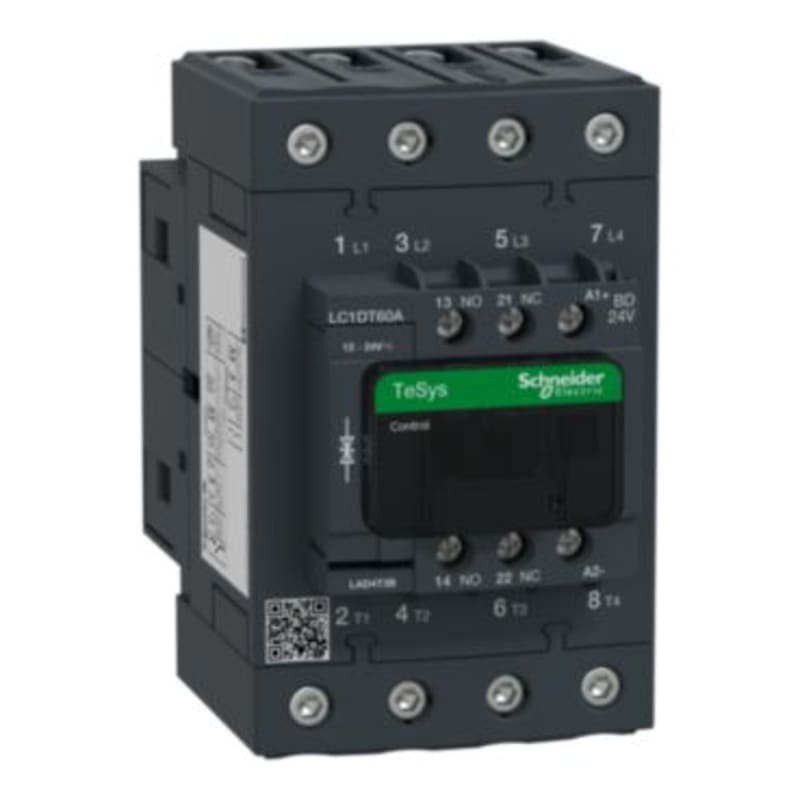 Schneider Electric Contactor, TeSys Deca, 4P(4 NO), AC-1, <=440V, 60A, 24VDC standard coil, screw clamp terminal LC1DT60ABD
