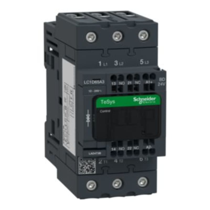 Schneider Electric Contactor, TeSys Deca, 3P(3 NO), AC-3/AC-3E, <=400V, 65A, 24V DC standard coil, spring terminals LC1D65A3BD
