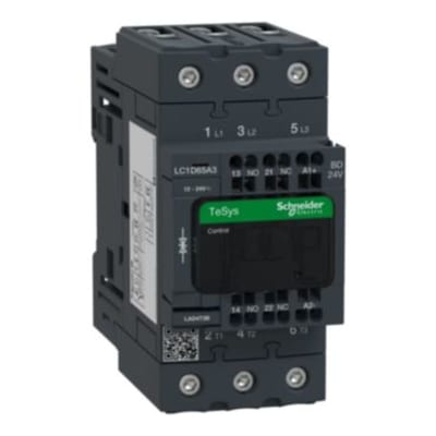 Schneider Electric Contactor, TeSys Deca, 3P(3 NO), AC-3/AC-3E, <=400V, 65A, 24V DC standard coil, spring terminals LC1D65A3BD