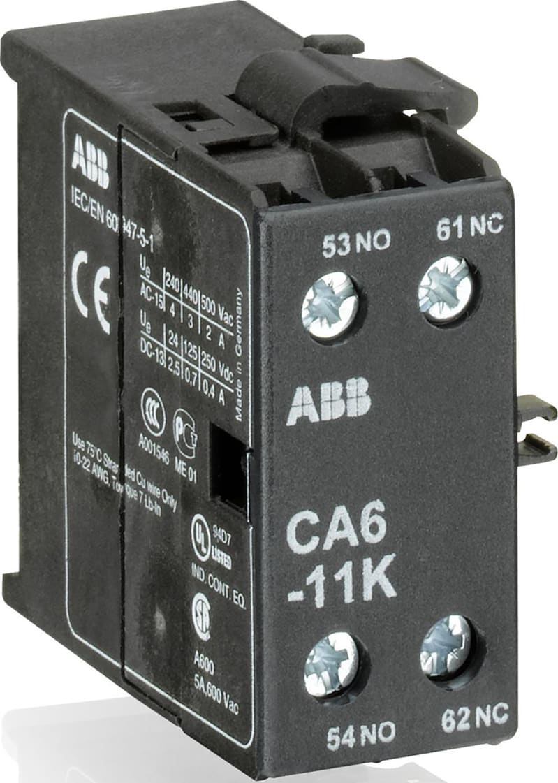 ABB CA6-11K is an auxiliary contact for side with 2 auxiliary contact and screw terminals.