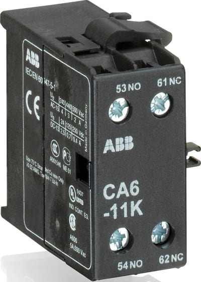 ABB CA6-11K is an auxiliary contact for side with 2 auxiliary contact and screw terminals.