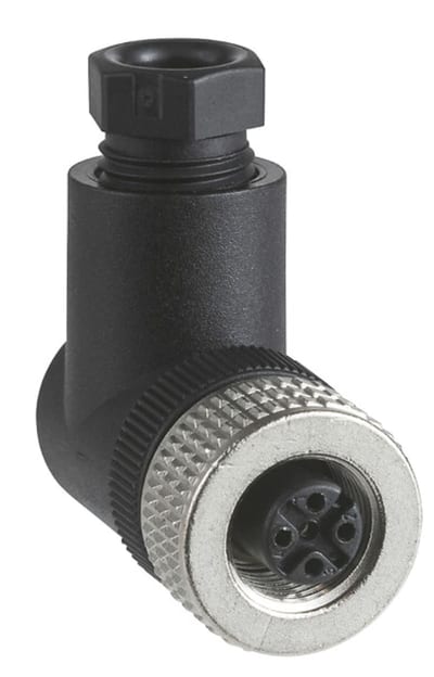 Telemecanique XZCC12FCM50B Field-Wireable Connector, M12, Female, Angled, 5-pin, Metal