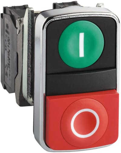 Schneider Electric XB4BL73415 Double-headed push button, metal, Ø22, 1 green flush marked I + 1 red projecting marked O, 1 NO + 1 NC