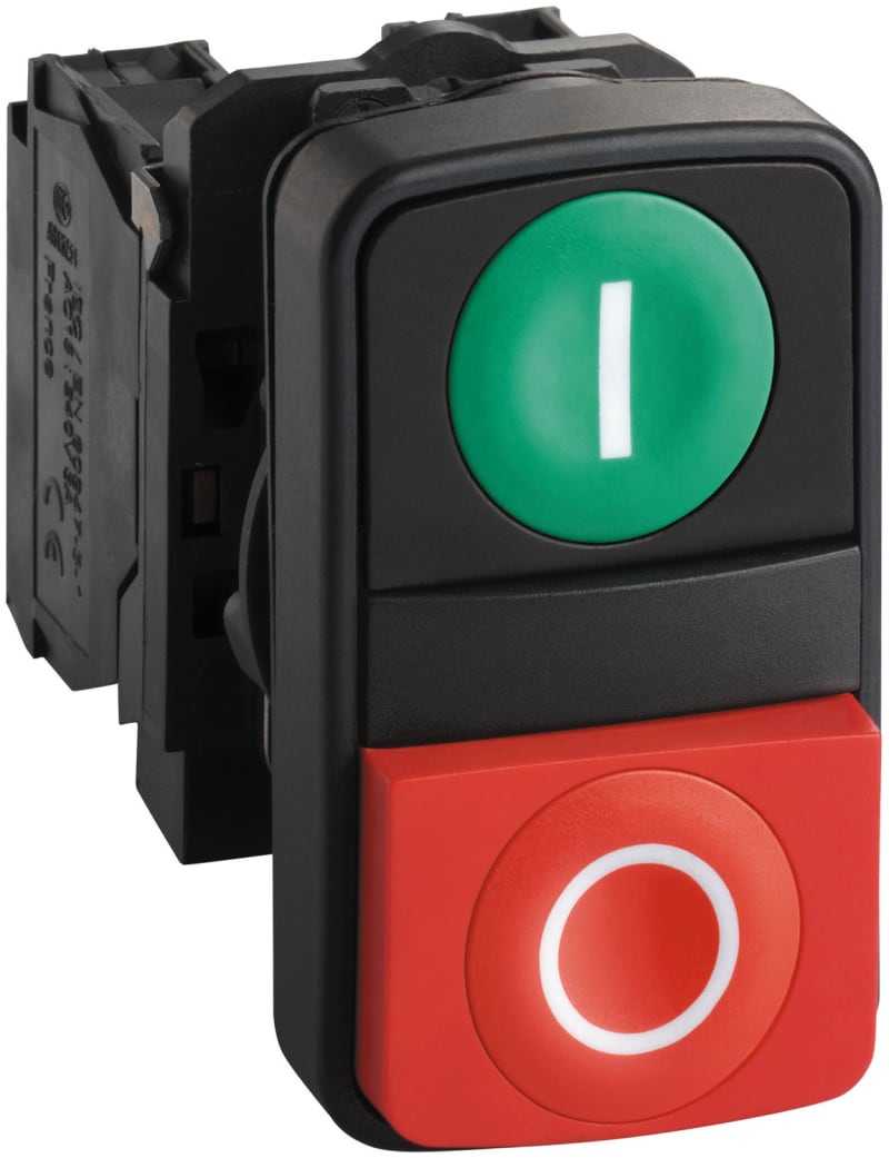 Schneider Electric XB5AL73415 Double-headed push button, plastic, Ø22, 1 green flush marked I + 1 red projecting marked O, 1 NO + 1 NC